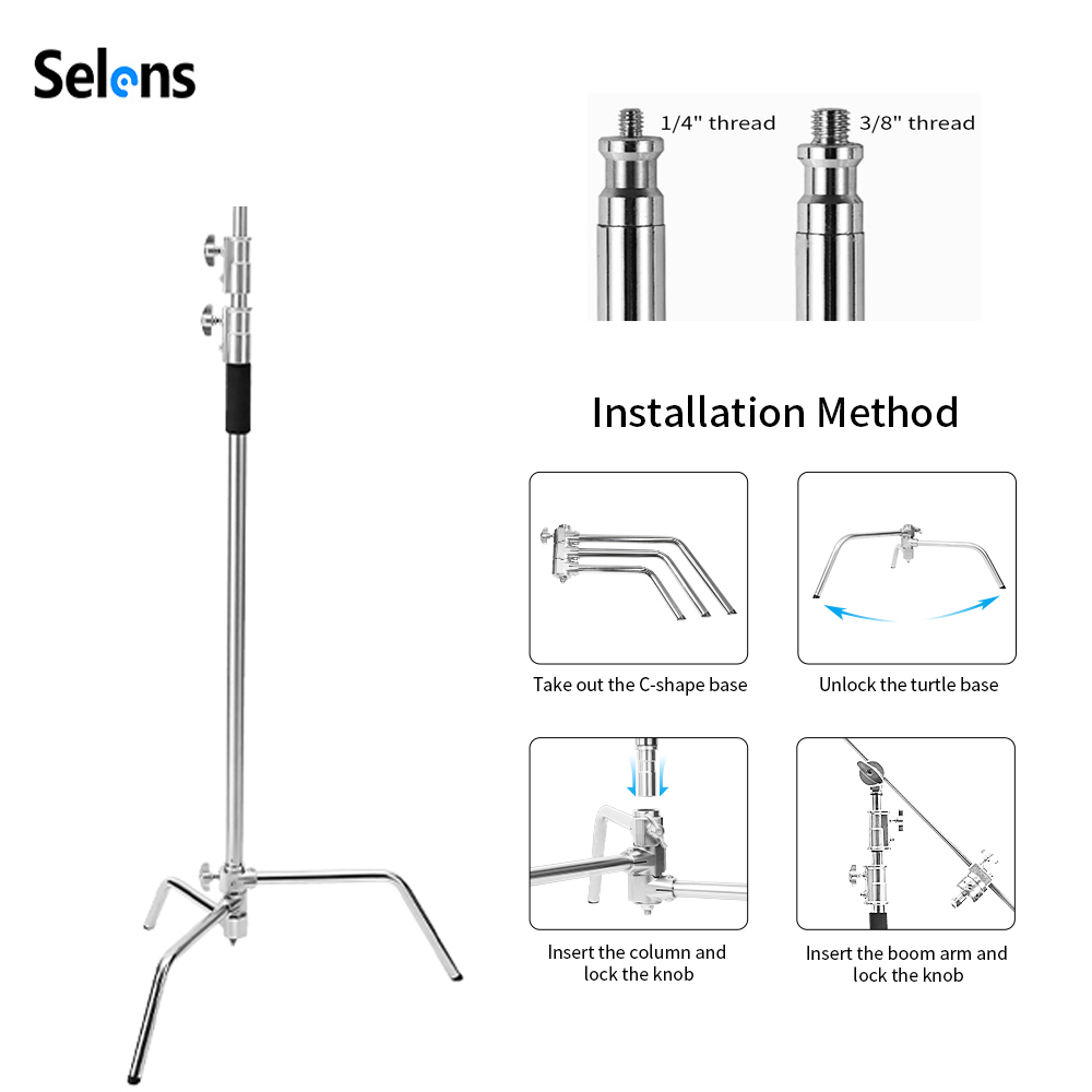 Photography Video Lighting Kit - Selens 300cm Cスタンド ステンレス製ライトスタンド三脚ブラケット 折りたたみ式マジックレッグ付き 写真スタジオ