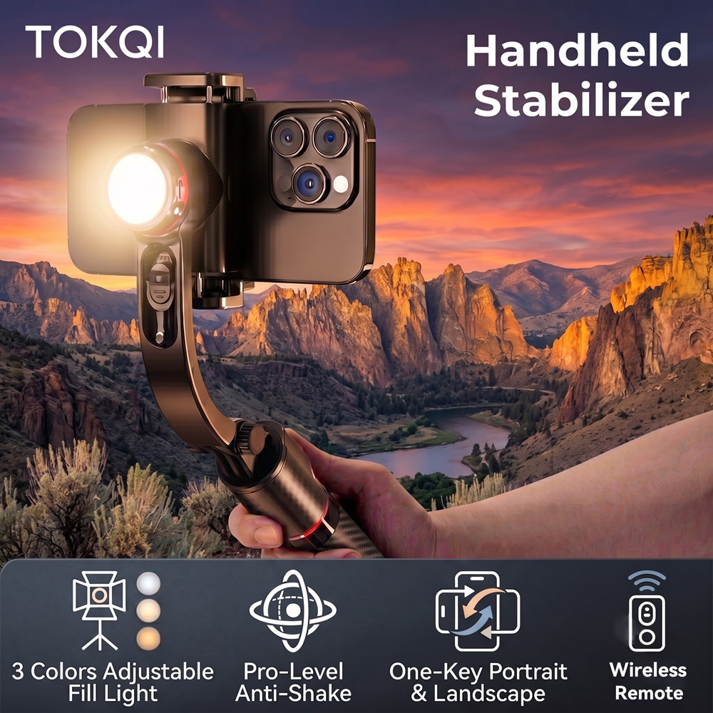 Photography Lighting Ring - TOKQIジンバルスタビライザー、防振アルミ合金製フィルライト付き自撮り棒三脚、360度回転、旅行やライブストリーミング撮影に最適