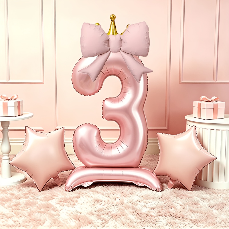 Photography Video Lighting Kit - ライトラグジュアリーピンク3Dバルーン0-9、ベースと王冠付き、リボンと星のフォイルバルーンセット、誕生日写真撮影デコレーションバルーンキット、優しいピンクのカラースキームで記念日のお祝い、クリスマス、ハロウィン、感謝祭の祝祭用品に最適